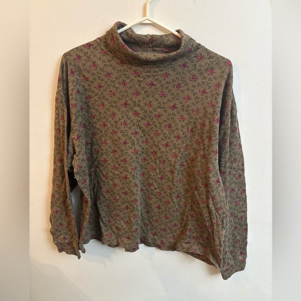 Vintage turtleneck “Northern Reflections”Taupe Top with Pink Floral Print xlarge - Picture 2 of 8
